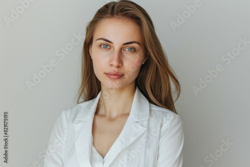 Beautiful young woman in white lab coat posing in portrait for medical fashion shoot on gray background