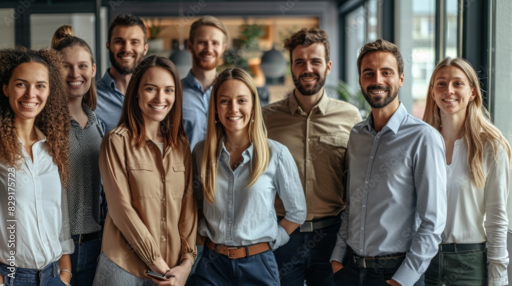Fototapeta premium Professional white-collar team smiling confidently in a modern office setting, faces sharply in focus under bright lights, HD close-up of their upper bodies