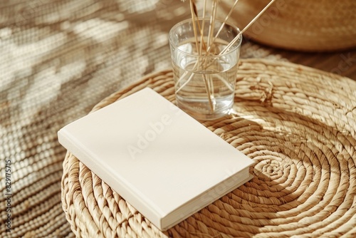 Blank diary notepad and book on round wooden table with water glass and dried Lagurus ovatus grass Beige rattan carpet in background From above view in Scandina photo