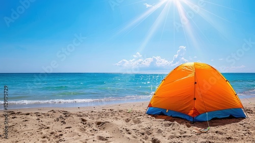 Vibrantly hued sun shielding tent securely positioned by the shore during a bright summer day