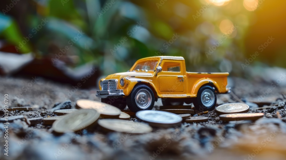 Model toy car with coin money. Concept of car insurance buying and selling vehicles Model toy car with coin money. Concept of car insurance buying and selling vehicles