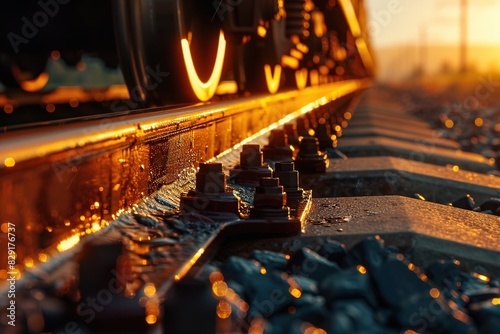 Detailed view of railcar coupling on a track during golden hour