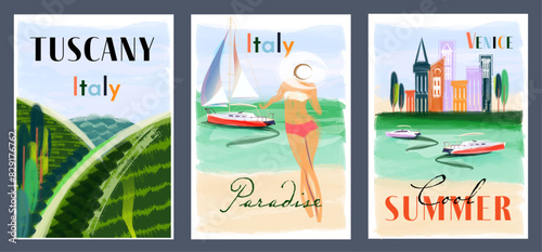 Summer poster, holiday cover, banner, card set. Modern art design with beach, landscape in tuscany Italy, houses, sea, yachts and typography. Summer holidays, vacation, travel vector illustration.