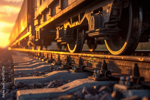 Detailed view of railcar coupling on a track during golden hour photo