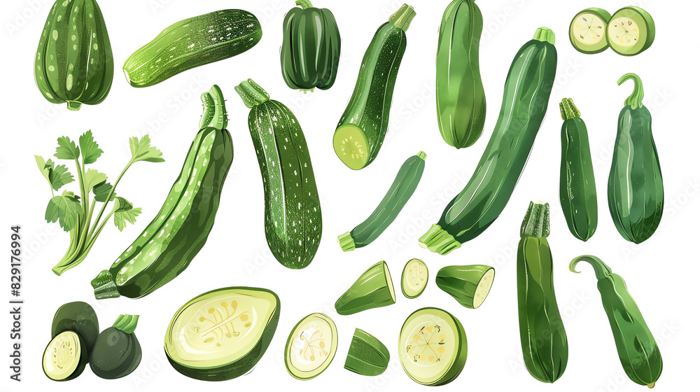 Assorted green zucchinis and cucumbers displayed on a white background, showcasing fresh, whole, and sliced pieces of vegetables. Assorted green zucchinis and cucumbers displayed on a white background, showcasing fresh, whole, and sliced pieces of vegetables.