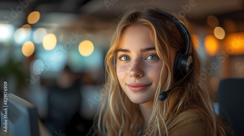 Close up portrait of a pretty woman wearing headphone. Photography for call center employee, freelance, assistant, communicating online, tech support. Looking at camera, smiling friendly.