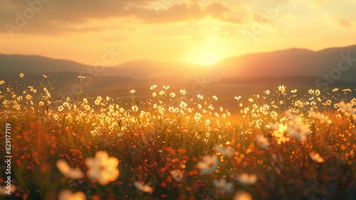 Sunset over mountain meadow with blooming wildflowers © Putra