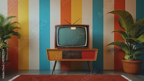 Retro television set against a multicolored striped wall © Putra