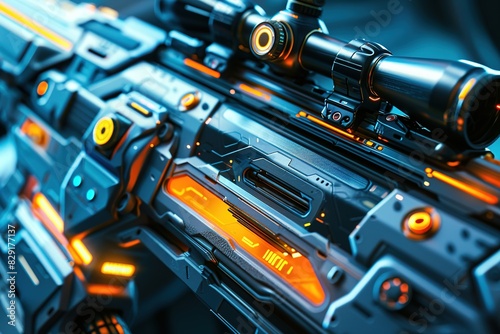 Detailed view of futuristic weaponry design featuring metallic textures and illuminated optics photo