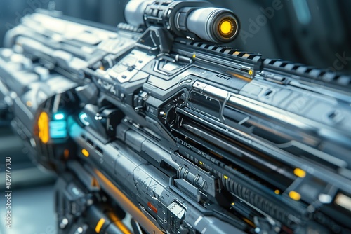 Detailed view of futuristic weaponry design featuring metallic textures and illuminated optics