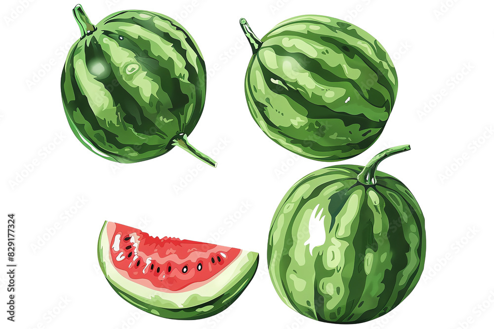 Fresh watermelons and a juicy watermelon slice illustration on a transparent background. Perfect for summer themes and fruit designs. Fresh watermelons and a juicy watermelon slice illustration on a transparent background. Perfect for summer themes and fruit designs.