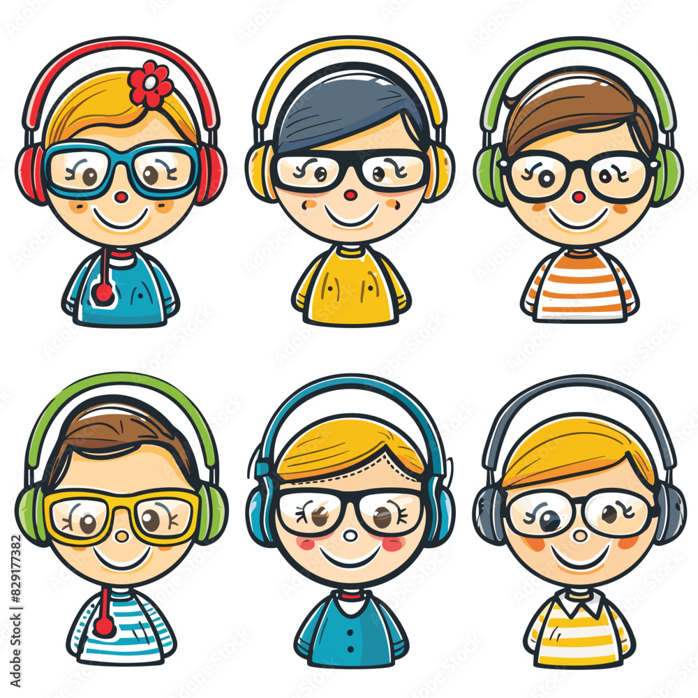 Six cartoon children wearing headphones, displaying different hairstyles clothes, looking cheerful. Bright colors, cute expressions, music podcast listening theme. Characters seem engaged, likely Six cartoon children wearing headphones, displaying different hairstyles clothes, looking cheerful. Bright colors, cute expressions, music podcast listening theme. Characters seem engaged, likely