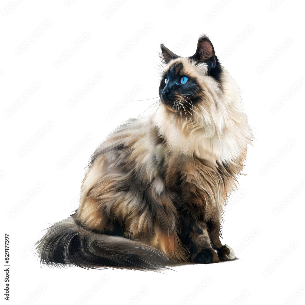 Obraz premium full body portrait of sitting beautiful fluffy cat isolated on white background, png.
