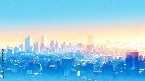 明け方の空と高層ビル群の都市風景の水彩イラスト