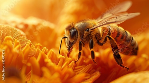Close-up of a honeybee pollinating a vibrant yellow sunflower © Putra