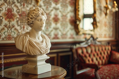 Ornate alabaster bust on a mahogany pedestal