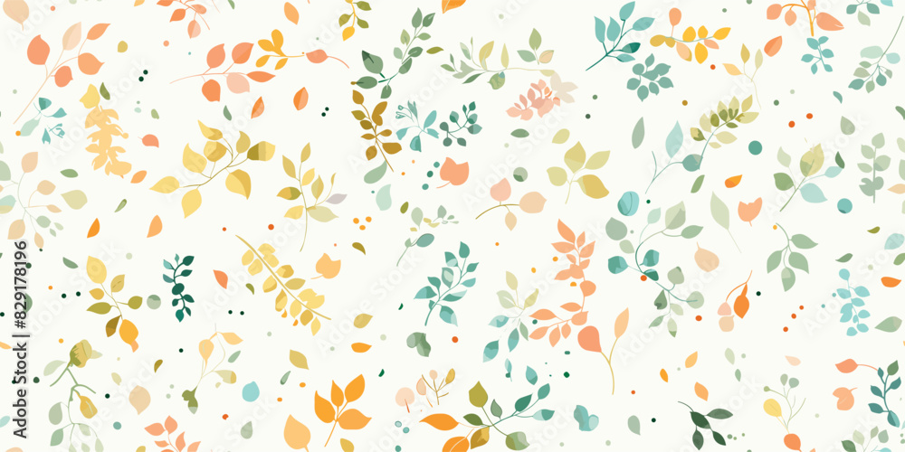 Seamless pattern of small, delicate flowers and leaves are scattered across surface in pastel colors on white background, creating airy feel with soft color. Trendy spring, summer print dress pattern. Seamless pattern of small, delicate flowers and leaves are scattered across surface in pastel colors on white background, creating airy feel with soft color. Trendy spring, summer print dress pattern.