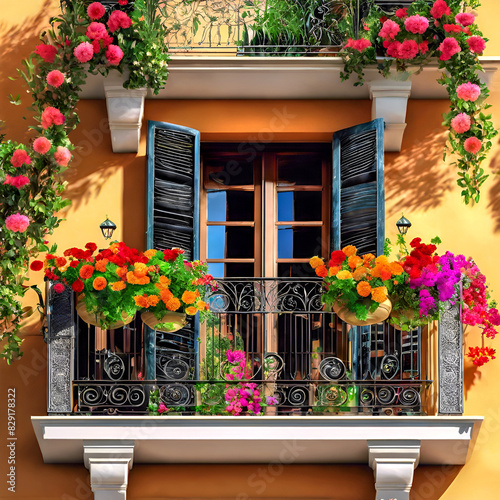 European terrace summer window balcony garden box decorated with many flowers and plants in colored pots 