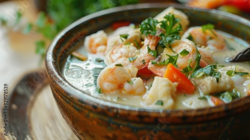 A fragrant bowl of coconut and lerass seafood broth filled with tender chunks of fish shrimp and vegetables. photo