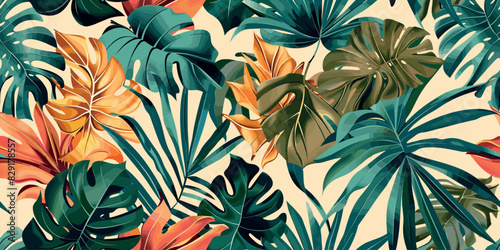 Seamless pattern with tropical leaves in vibrant hues, their colorful forms creating an exotic and lively composition on beige background. Abstract trendy spring, summer dress print. Hand drawn