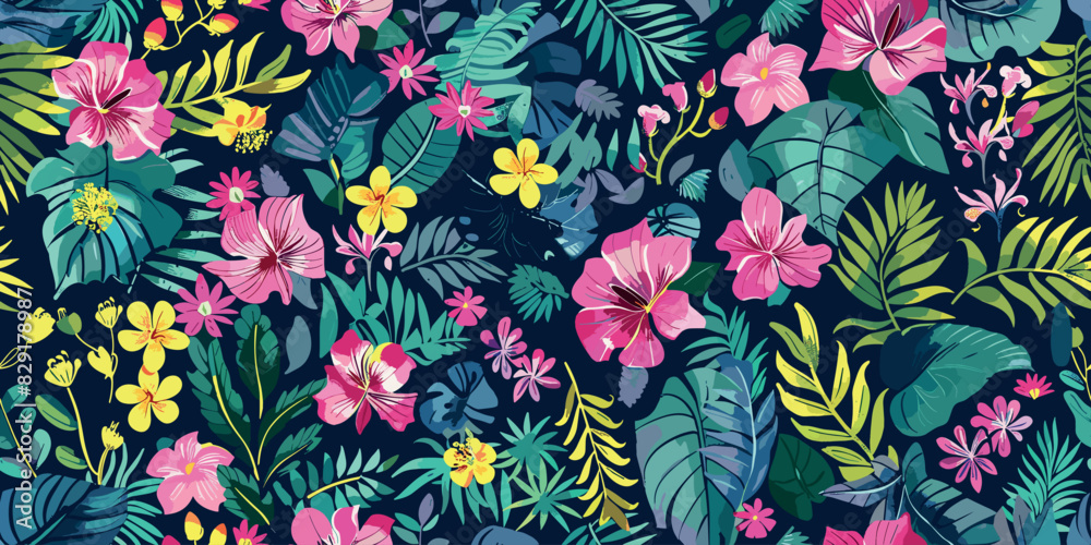 Vibrant pattern of tropical flowers and leaves in pink, yellow, and green against a navy blue background. trendy spring, summer print dress pattern. Beautiful multicolored floral motif. Hand drawn Vibrant pattern of tropical flowers and leaves in pink, yellow, and green against a navy blue background. trendy spring, summer print dress pattern. Beautiful multicolored floral motif. Hand drawn