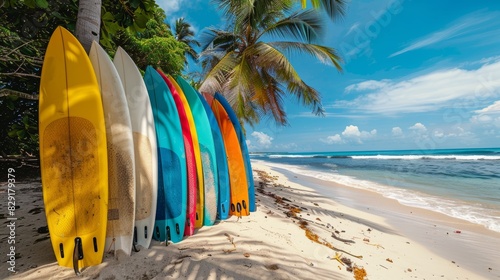 Colorful surfboards lined up on an idyllic beach awaiting rental.