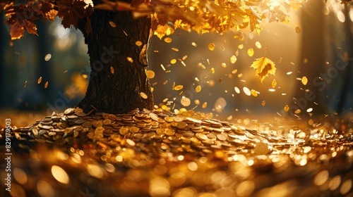 golden gold coin tree has coins as leaves that fall on ground, idea for limitless income, wealth and prosperity, rich and successful business growth photo