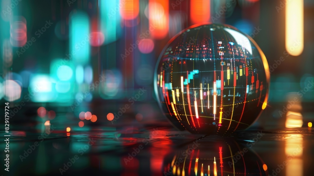 Stock market chart in a crystal ball, illustration, mystery dark background, light reflections and effects Stock market chart in a crystal ball, illustration, mystery dark background, light reflections and effects