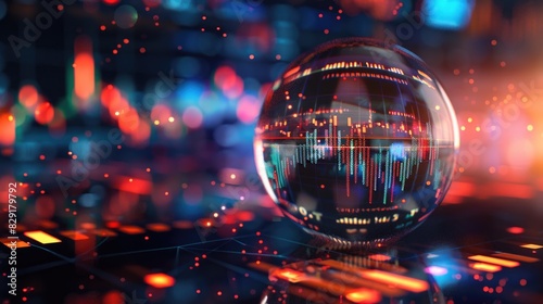 Stock market chart in a crystal ball, illustration, mystery dark background, light reflections and effects