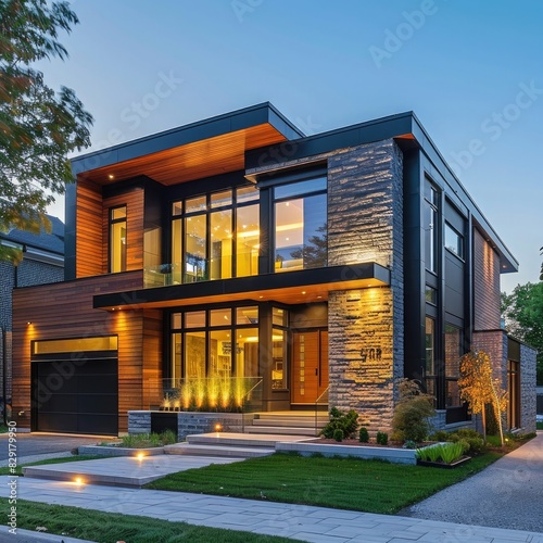 This stunning stock photo showcases a beautifully crafted modern house design featuring a bold and sophisticated facade with a warm color palette and exquisite attention to ... © Ammar