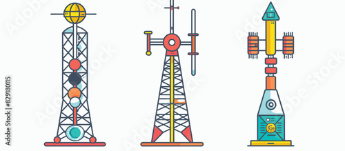 Retro futuristic towers isolated white background, colorful flat design. Cartoon space rocket launch pads communication antennas, space exploration. Detailed science fiction spaceport structures