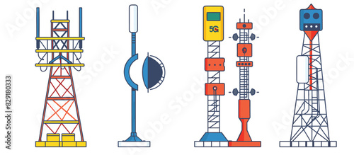 Flat design vector illustration various communication towers antennas, tower unique design, featuring elements satellite dishes 5G technology signs. Colorful graphic style blue, yellow, red, white