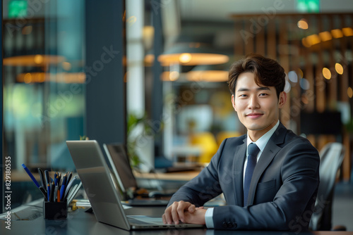 A young Korean businessman in a suit, sitting at a desk with a laptop in a modern office, smiling confidently at the camera.