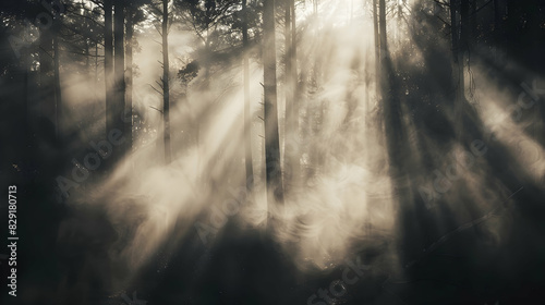 High-contrast image of a dense fog rolling through a forest  with light and shadow creating a mysterious and ethereal atmosphere.