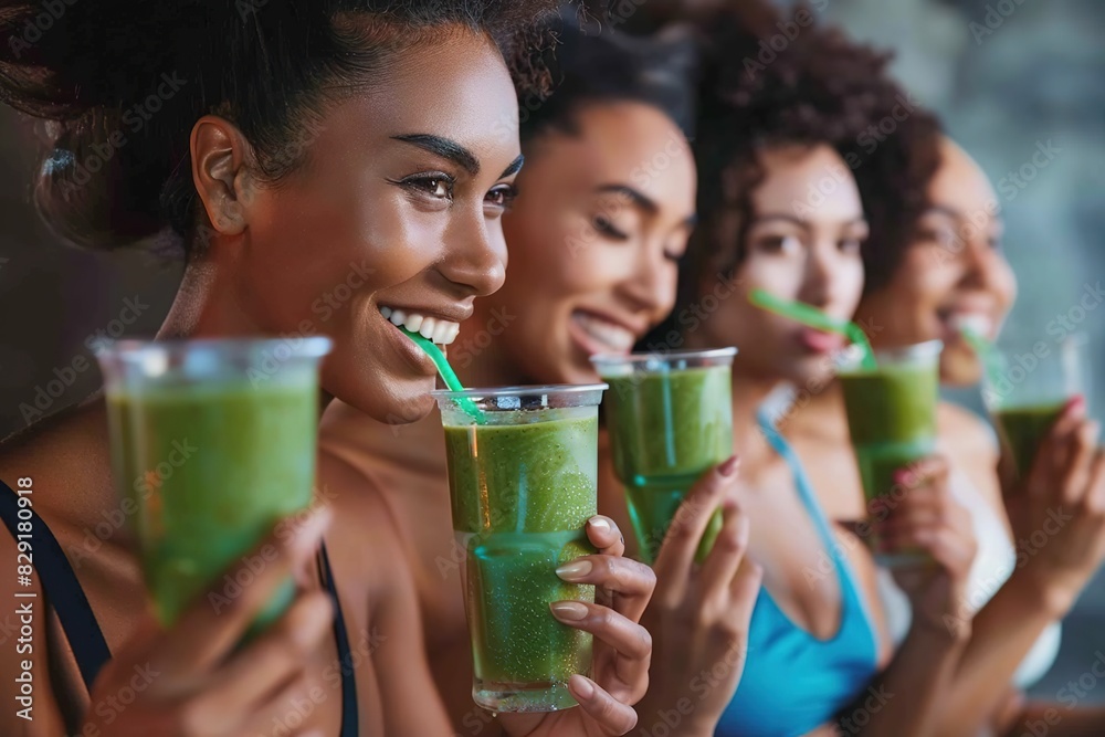 Diverse group enjoying healthy green smoothies in a fitness session Diverse group enjoying healthy green smoothies in a fitness session
