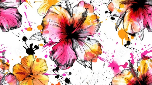 Abstract Hand Drawn Tropical Flowers with Ink Splashes Seamless Pattern on White Background