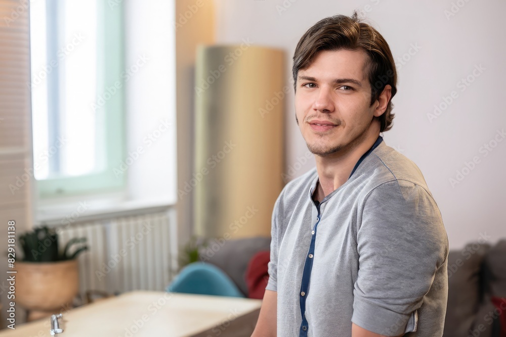 Fototapeta premium portrait of a man, american guy, caucasian male at home, young man laughing