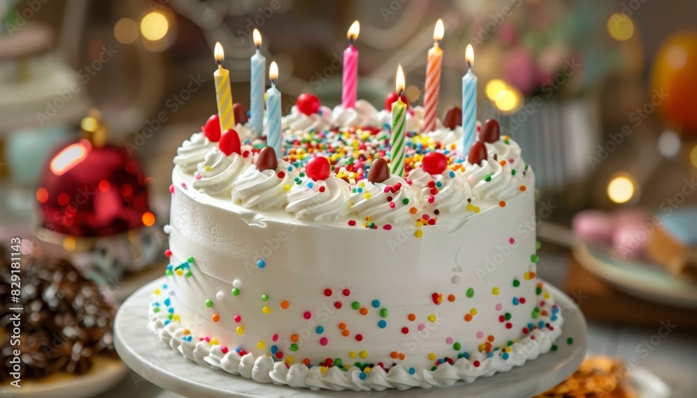 Colorful background with white birthday cake vanilla cream and candles Colorful background with white birthday cake vanilla cream and candles