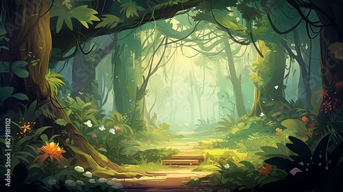 Whimsical forest scene in chibi style with vivid colors and cartoony details.