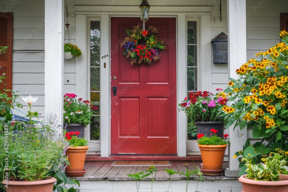 Colorful potted flowers and wreath decorate the front door
