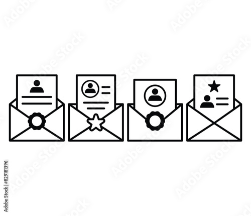 recommendation letter envelope icons symbol vector design simple line black white flat illustration templates sets isolated