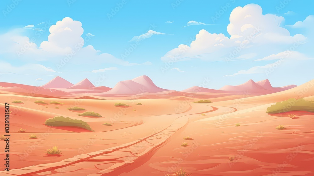 Whimsical desert scene in chibi style with vibrant colors and stylized painting techniques for a playful and unique look.