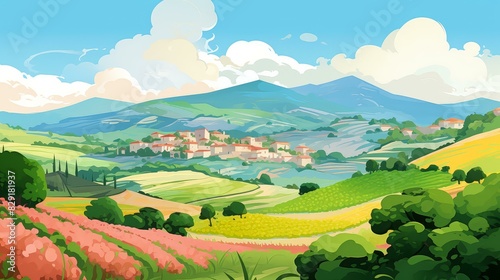 Vibrant hilly landscapes brought to life in chibi style with vivid colors and stylized digital painting.