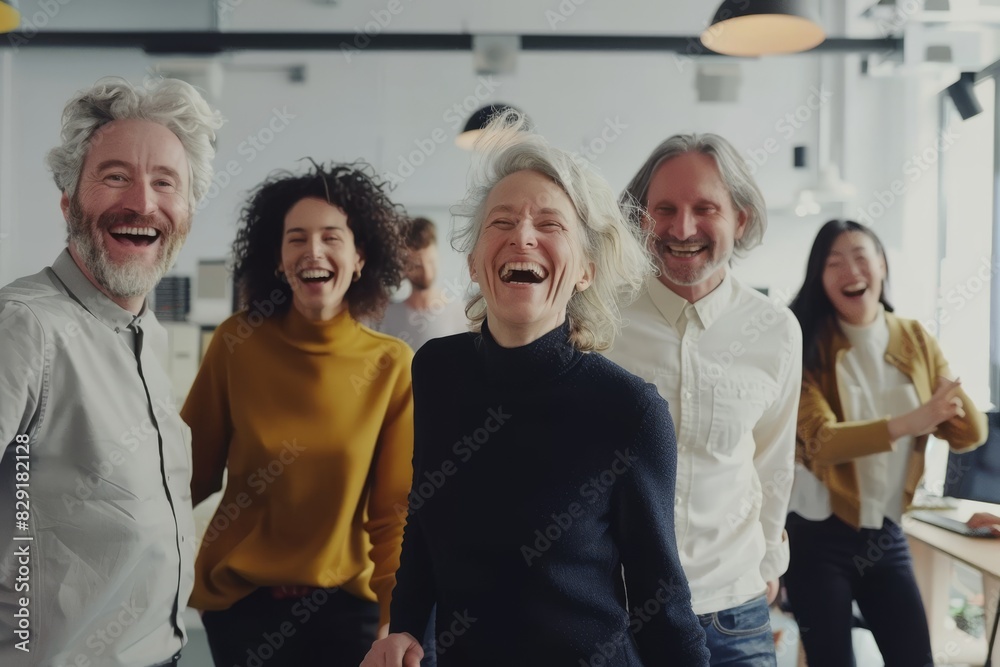 Group of diverse business people laughing together in a modern office as a team