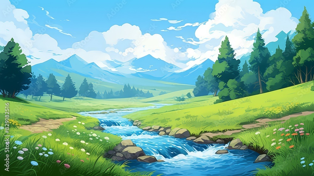 Fototapeta premium Playful chibistyle river illustration with vibrant colors and cartoony details in a stylized digital painting.