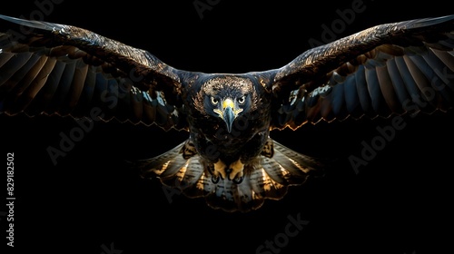 Magnificent Black Headed Sea Eagle in Flight with Fiery Gold Feathers Against Pitch Black Background, Evoking Power, Freedom, and Mystery photo