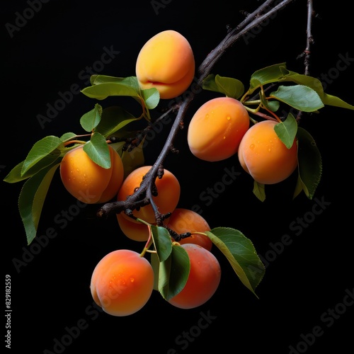 apricot fruit in a branch with leafs isolated on a back background 