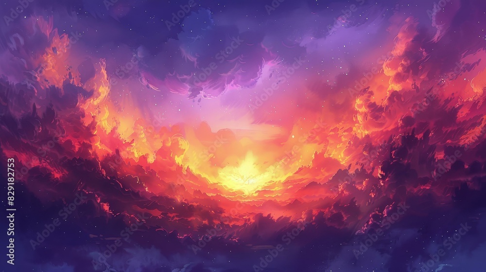 Naklejka premium Breathtaking sunset floods the sky with vivid, dramatic hues.