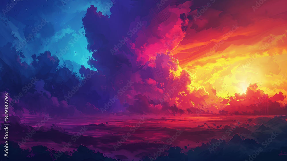 Naklejka premium Breathtaking sunset floods the sky with vivid, dramatic hues.