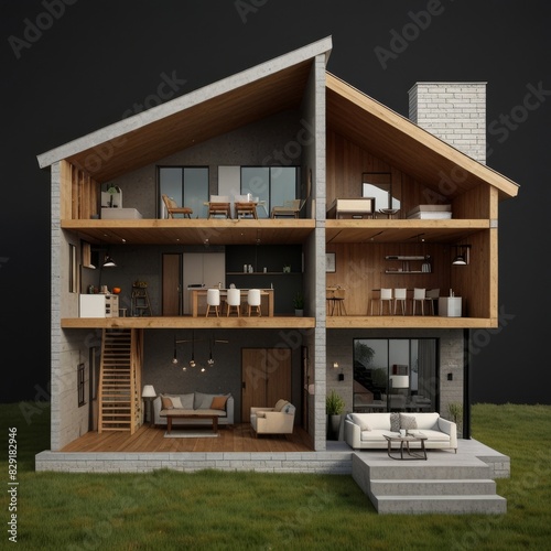 Modern home cross section, 3d rendering minimalist © De Lune Studio